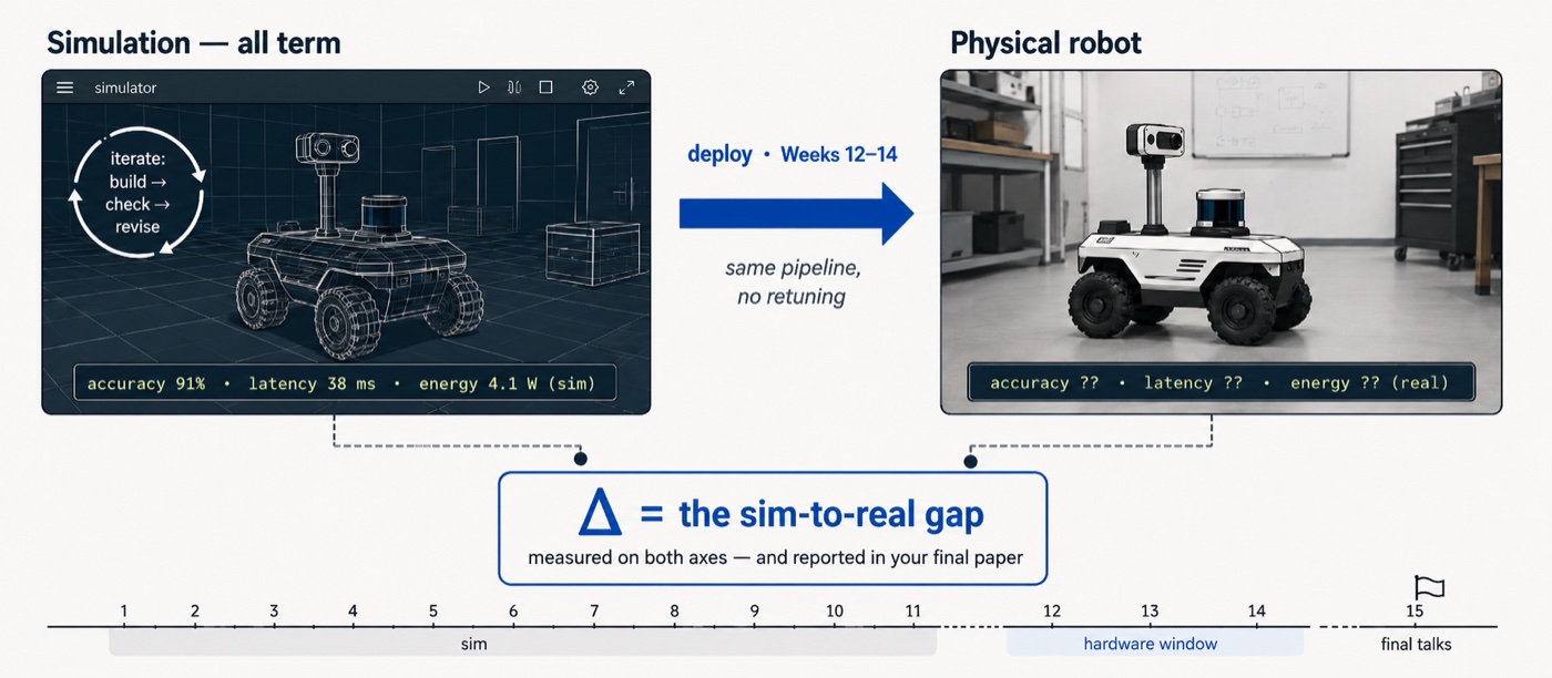 Left, a wireframe simulator view of a robot with metrics accuracy 91 percent, latency 38 milliseconds, energy 4.1 watts; a blue deploy arrow for weeks 12 to 14 leads to a photo-style physical robot with unknown metrics; dashed lines converge on a box reading delta equals the sim-to-real gap, above a 15-week timeline.